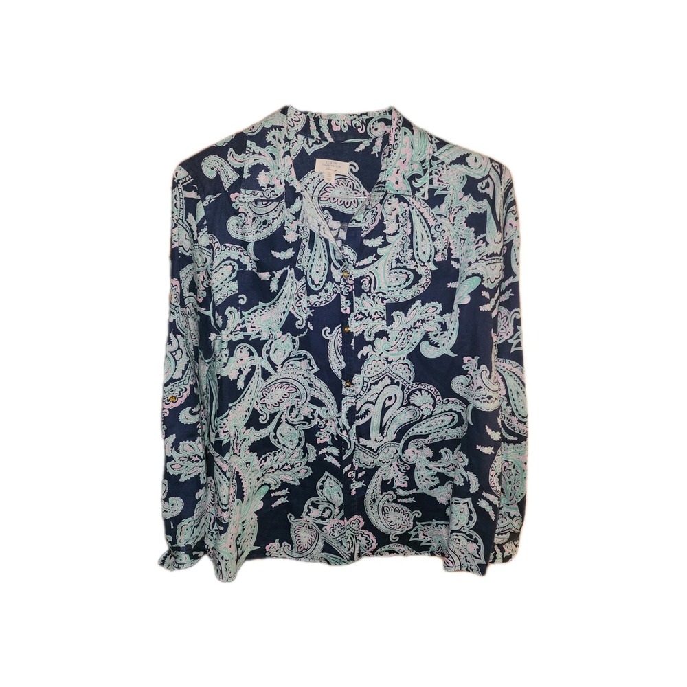 Charter Club Linen Button Up Shirt Women's L Multicolor Paisley Long Sleeve Top
